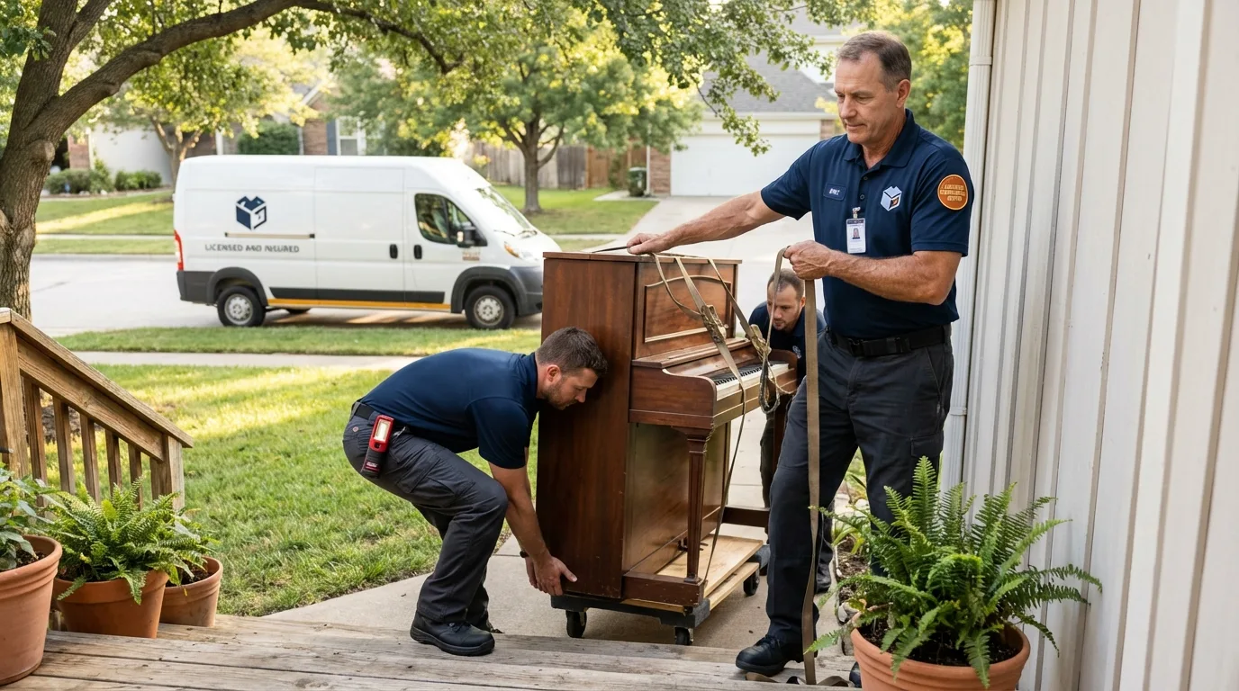Licensed piano movers securing grand piano in Hartville, MO