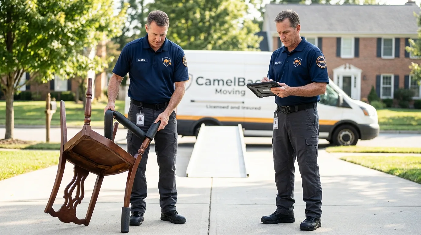 Movers inspecting furniture for damage prevention before loading in Hartville, MO