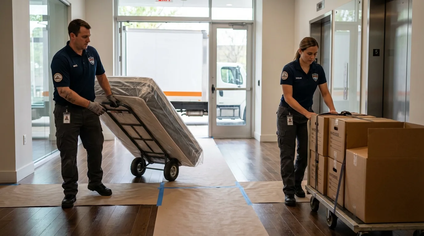 Professional apartment movers loading elevator in Hartville, MO