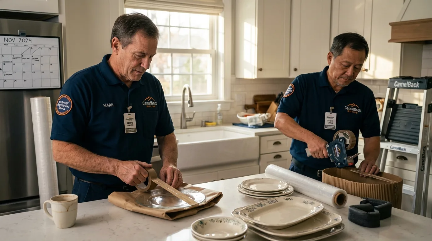 Professional crew packing kitchen dishware in Hartville, MO